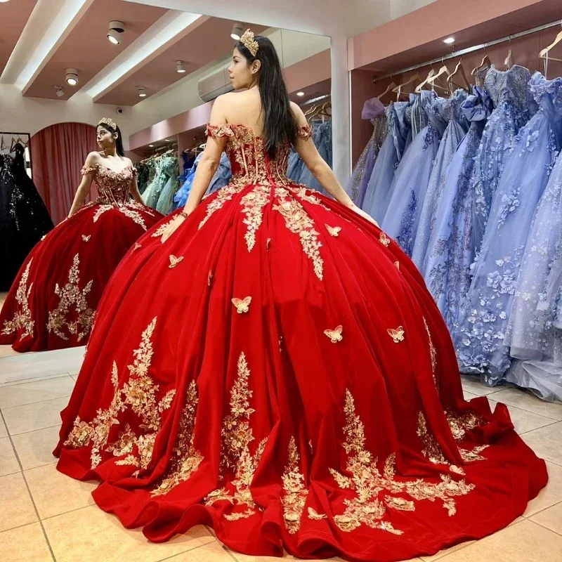 2024-red-ball-gown-quinceanera-dresses-sweet-16-dress-tulle-gold-3d-flowers-bow-vestidos-de-15-anos-quinceaneras