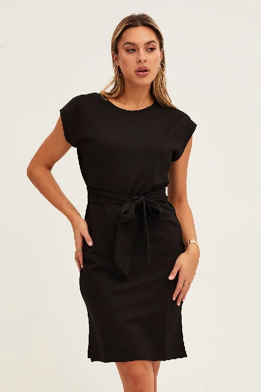 Black Body Con Tie Waist Dress