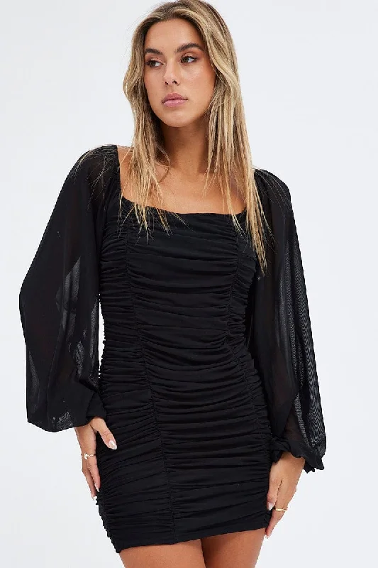 Black Bodycon Dress Long Sleeve Ruched Mesh