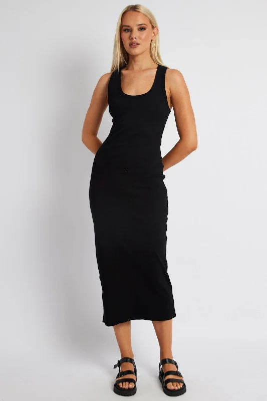 Black Bodycon Dress Sleeveless Midi Rib