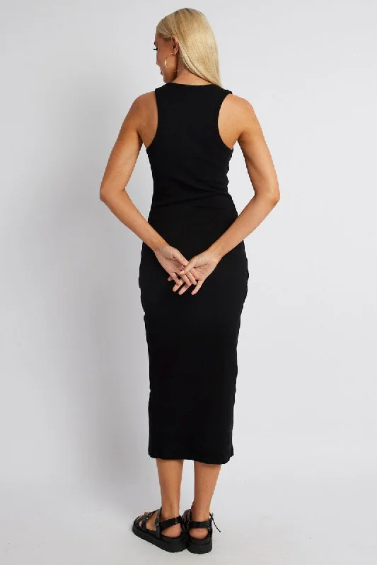 Black Bodycon Dress Sleeveless Midi Rib