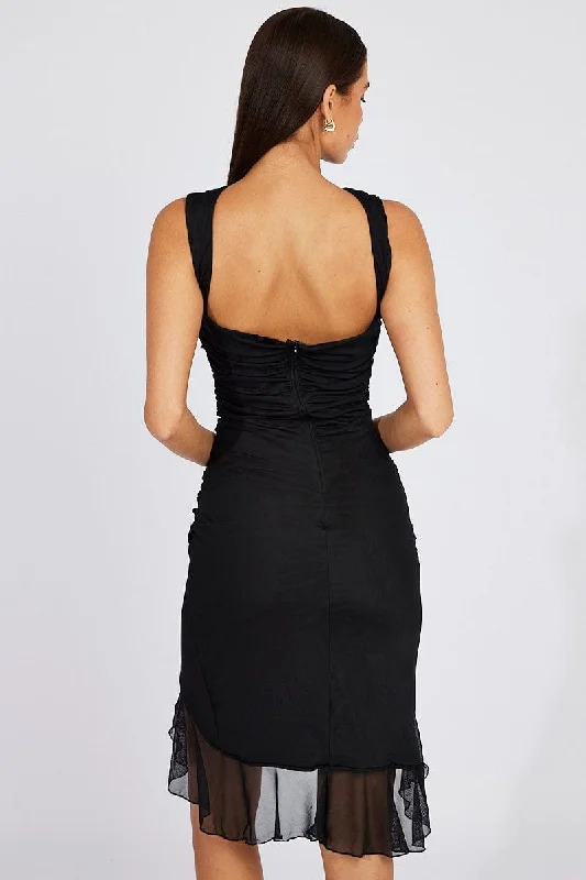 Black Bodycon Dress Sleeveless Ruffle Mesh