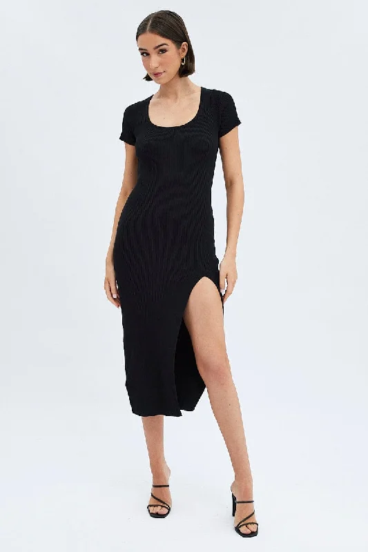 Black Knit Dress Short Sleeve Bodycon Midi