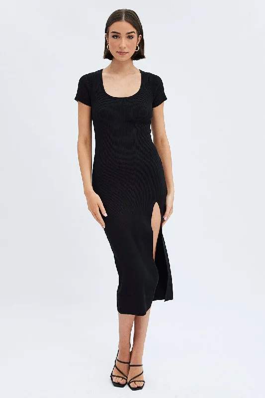 Black Knit Dress Short Sleeve Bodycon Midi