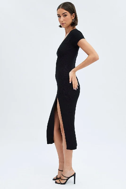 Black Knit Dress Short Sleeve Bodycon Midi