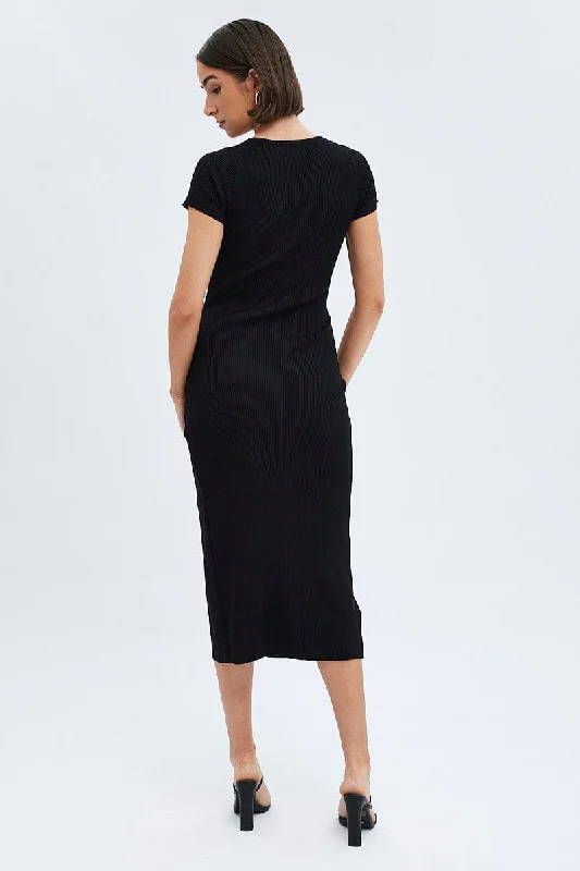 Black Knit Dress Short Sleeve Bodycon Midi