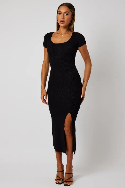 Black Knit Dress Short Sleeve Bodycon Midi