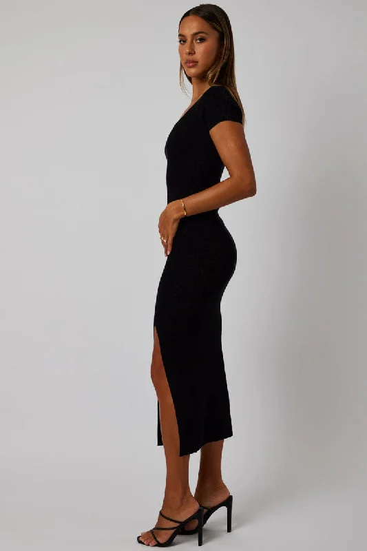 Black Knit Dress Short Sleeve Bodycon Midi