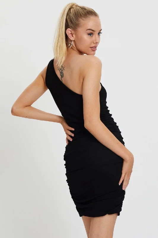 Black One Shoulder Ruched Bodycon Dress