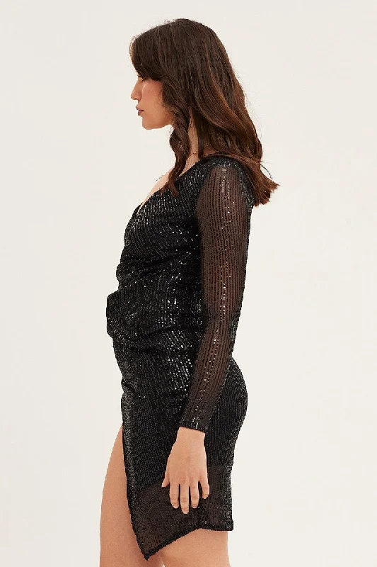 Black Sequin Bodycon Party Dress