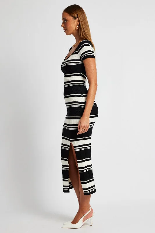 Black Stripe Knit Dress Short Sleeve Bodycon Midi