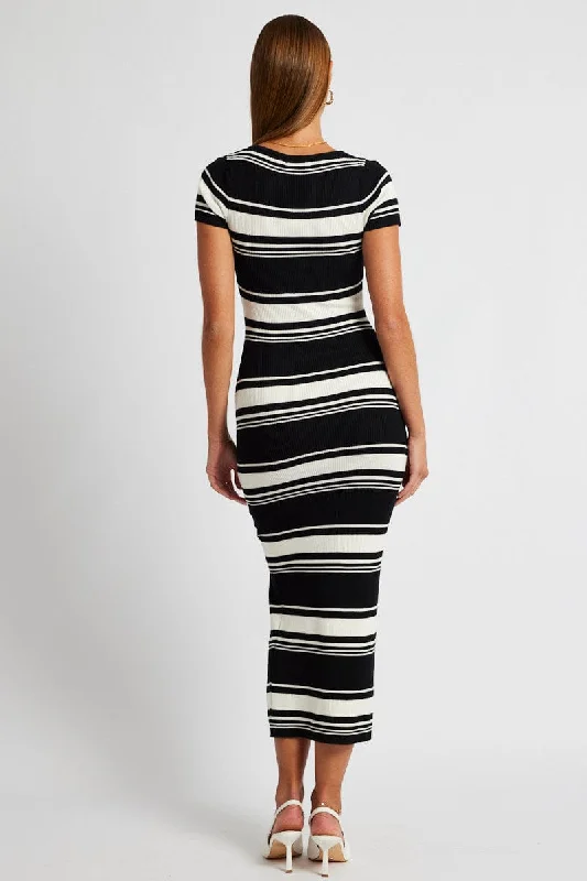 Black Stripe Knit Dress Short Sleeve Bodycon Midi