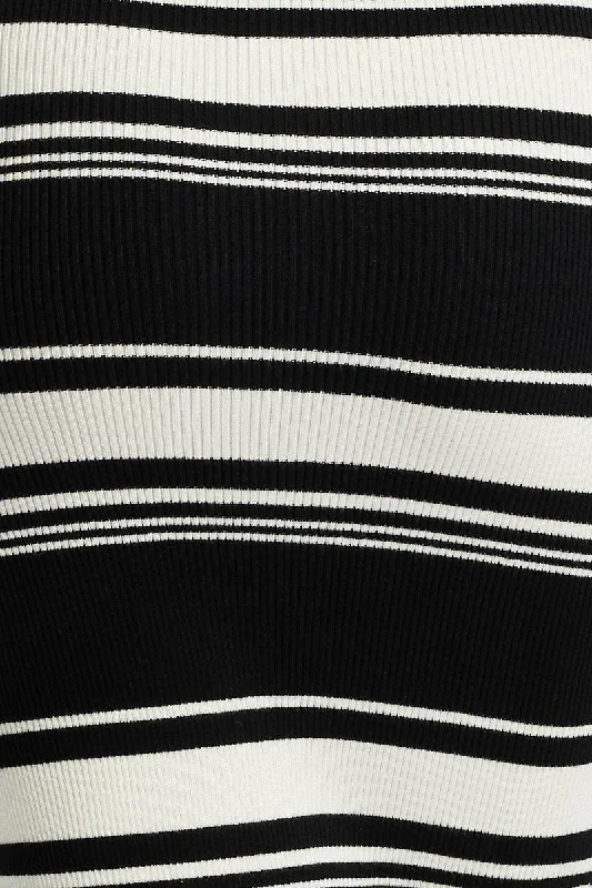 Black Stripe Knit Dress Short Sleeve Bodycon Midi