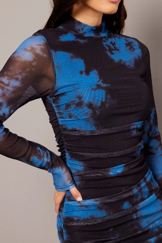 Blue Abstract Bodycon Dress Long Sleeve Mesh