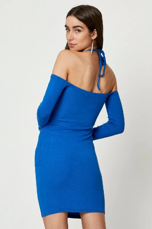 Blue Cold Shoulder Bodycon Dress