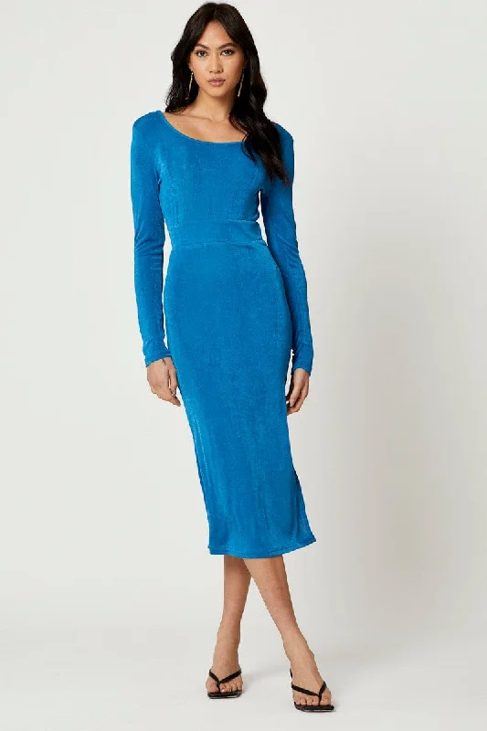 Blue Slinky Jersey Bodycon Dress