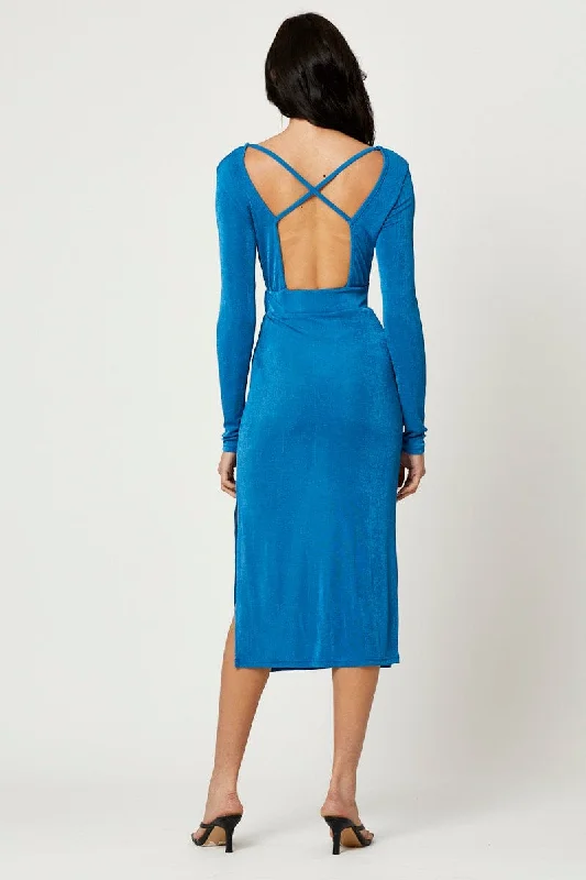 Blue Slinky Jersey Bodycon Dress