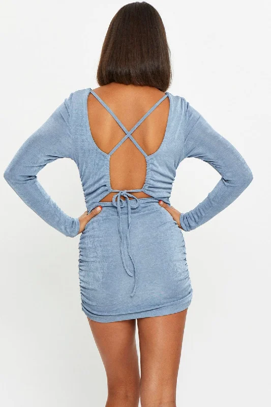 Blue Strappy Tie Back Slinky Jersey Ruched Bodycon Dres