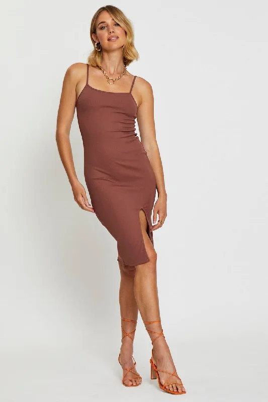 Brown Bodycon Dress Sleeveless Square Neck