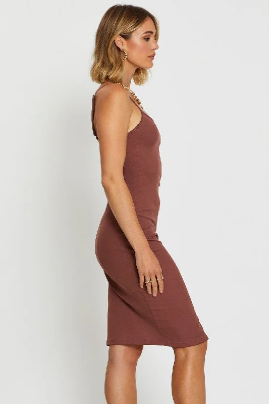 Brown Bodycon Dress Sleeveless Square Neck