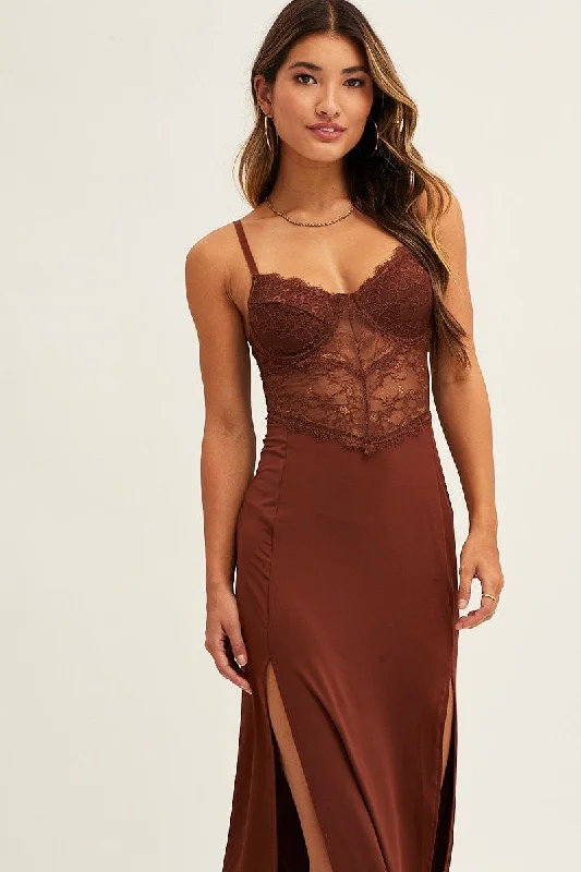 Brown Floral Lace Corset Split Thigh Bodycon Dress