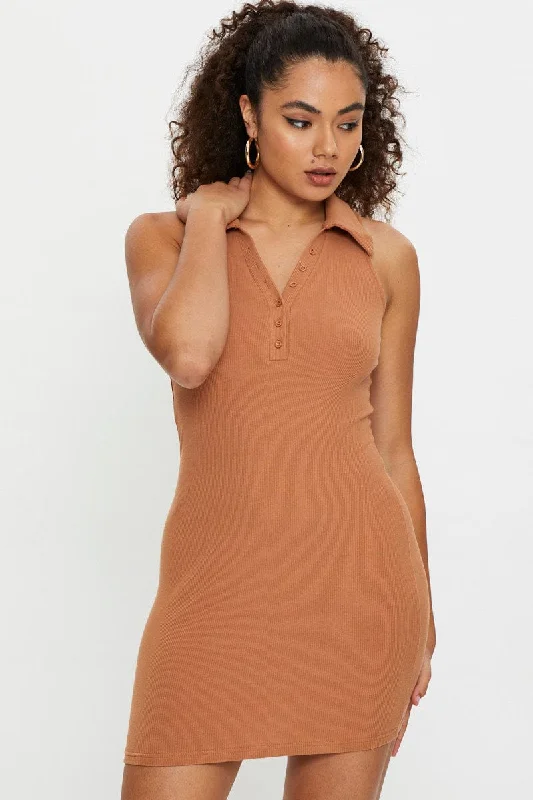 Brown Sleeveless Collared Bodycon Dress