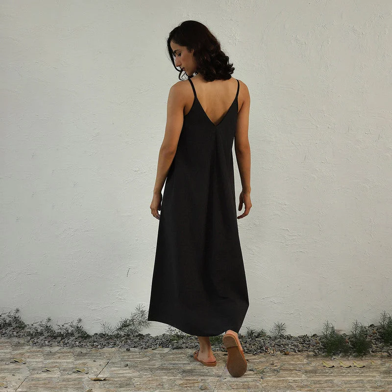 Cotton Poplin Maxi Dress for Women | Black