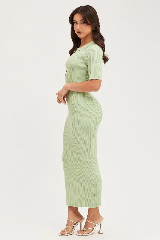 Green Button Front Bodycon Knit Dress