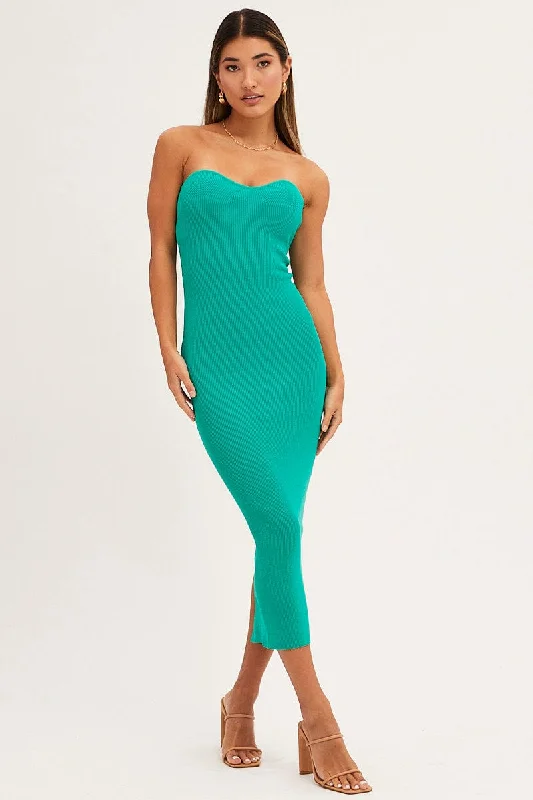 Green Sweetheart Neckline Bandeau Knit Bodycon Dress