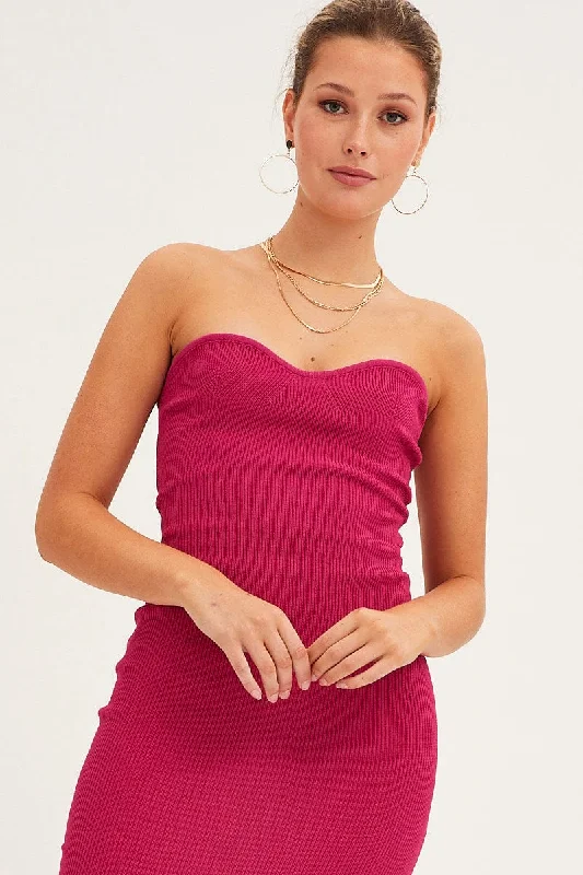 Magenta Sweetheart Neckline Bandeau Knit Bodycon Dress