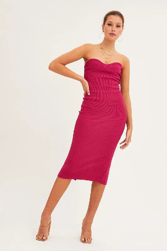 Magenta Sweetheart Neckline Bandeau Knit Bodycon Dress