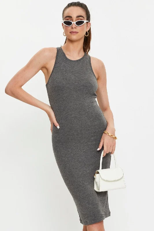 Grey Racer Neck Tie Front Midi Bodycon Dress