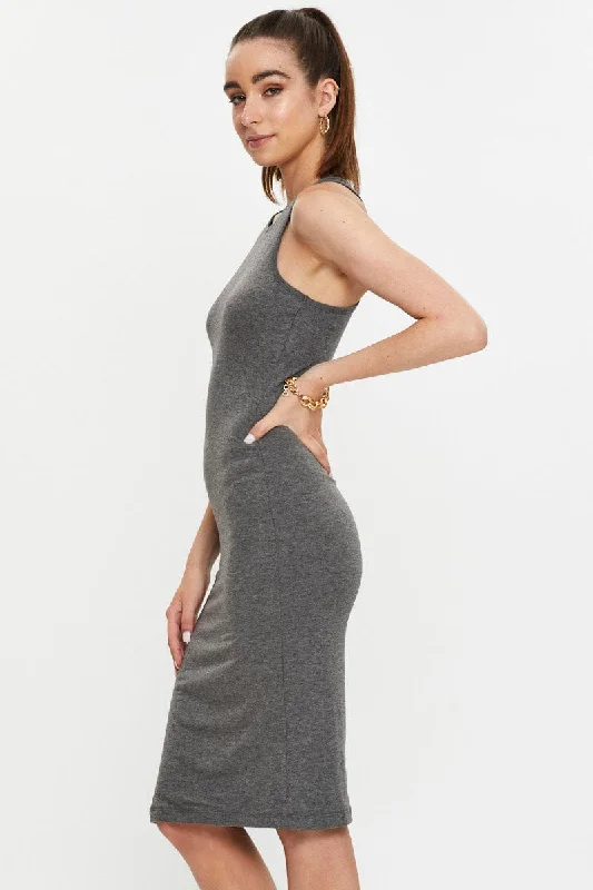 Grey Racer Neck Tie Front Midi Bodycon Dress