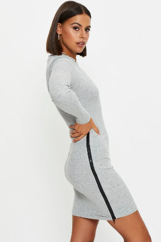 Grey Side Zip Bodycon Ribbed Dress