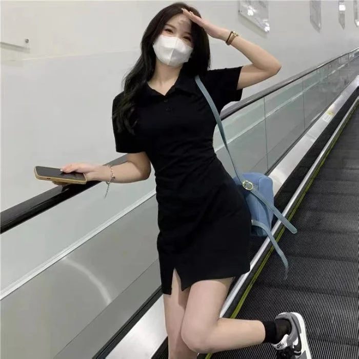 NiDELL Black Polo Collar T-shirt Dress for Women Summer . New Hot Girl Pure Desire Cinched Bodycon Short Hip Skirt