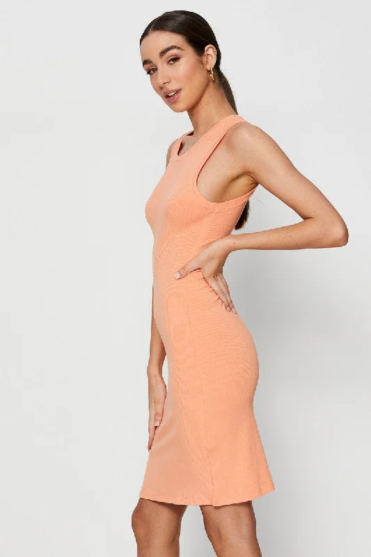 Orange Bodycon Dress Sleeveless Knit