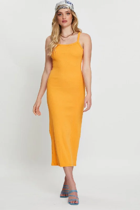 Orange Bodycon Dress Sleeveless Midi