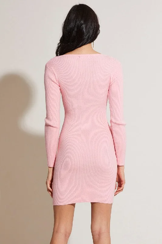 Pink Knit Dress Long Sleeve Bodycon