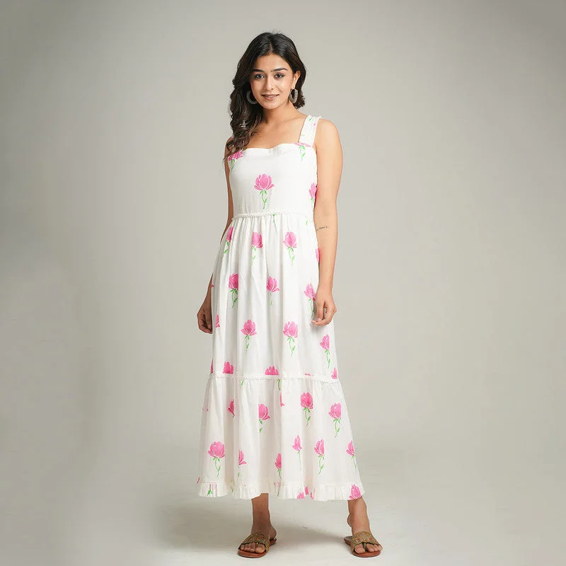 Mul Cotton Maxi Dress for Women | Block Print | White & Pink