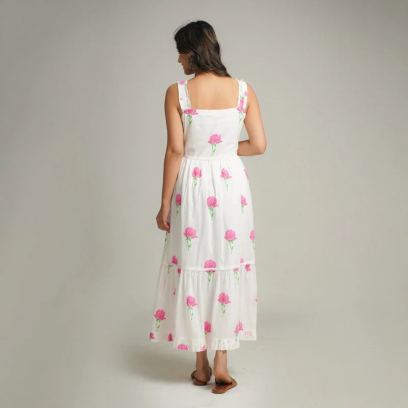 Mul Cotton Maxi Dress for Women | Block Print | White & Pink