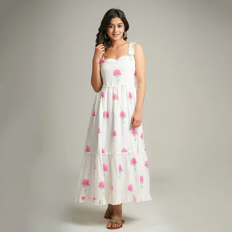 Mul Cotton Maxi Dress for Women | Block Print | White & Pink