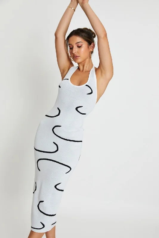 White Bodycon Dress Midi Halter Neck