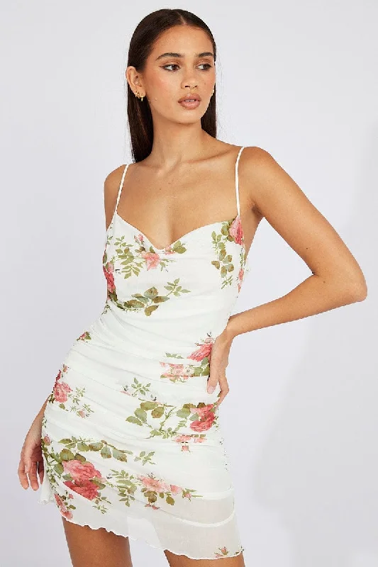 White Floral Bodycon Dress Ruffle Mesh