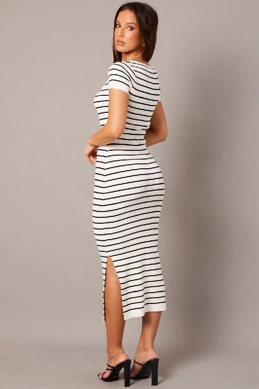 White Stripe Knit Dress Short Sleeve Bodycon Midi