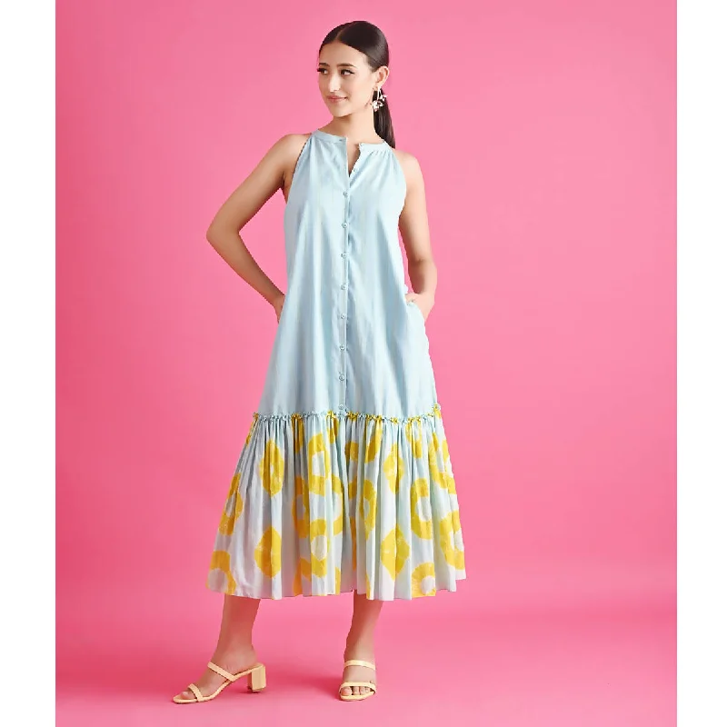 Pure Cotton Tiered Midi Dress | Blue & Yellow