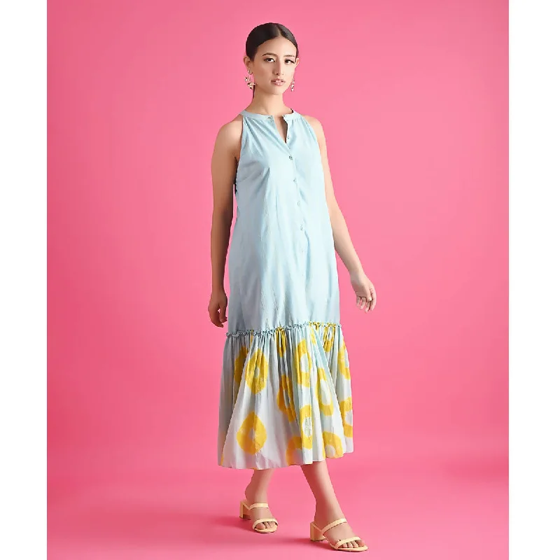 Pure Cotton Tiered Midi Dress | Blue & Yellow