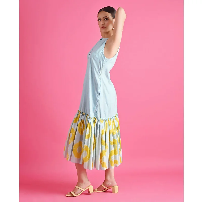 Pure Cotton Tiered Midi Dress | Blue & Yellow