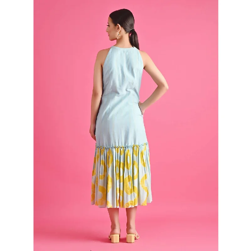 Pure Cotton Tiered Midi Dress | Blue & Yellow