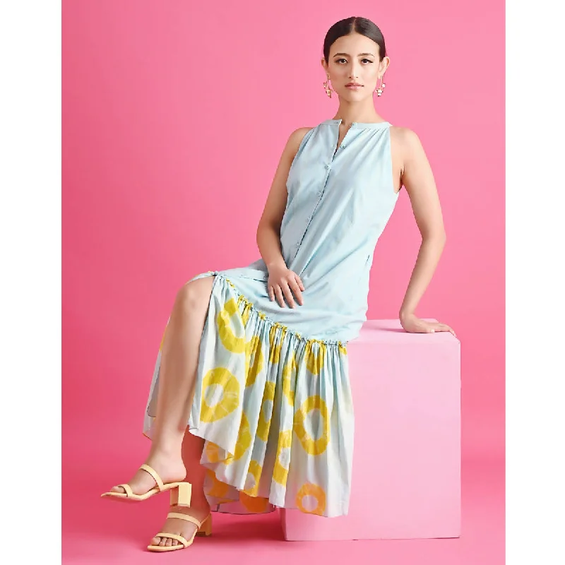 Pure Cotton Tiered Midi Dress | Blue & Yellow