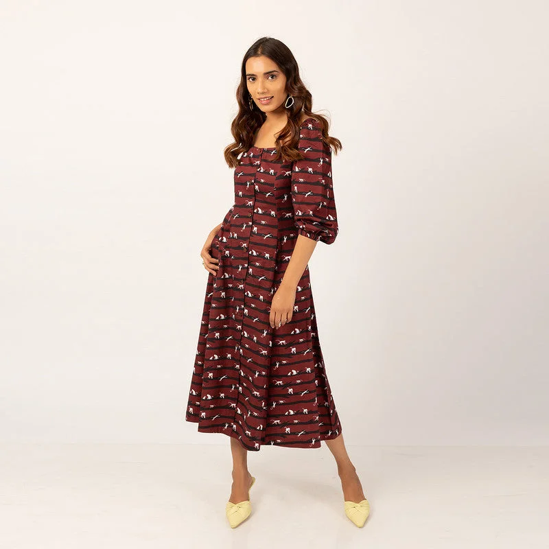 100% Cotton Maroon Printed Midi Dress with Puffed Sleeves